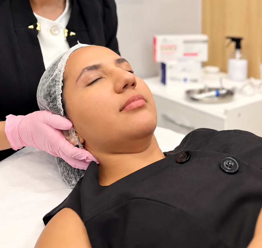 Mãos da esteticista no rosto da paciente durante o cuidado facial